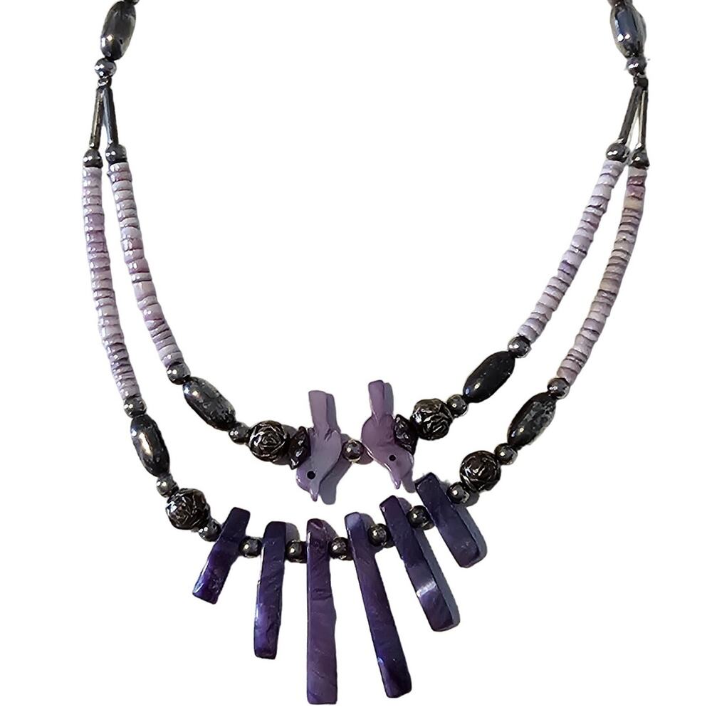Vintage Purple Carved Bird Fetish Beaded Necklace with Silver Details